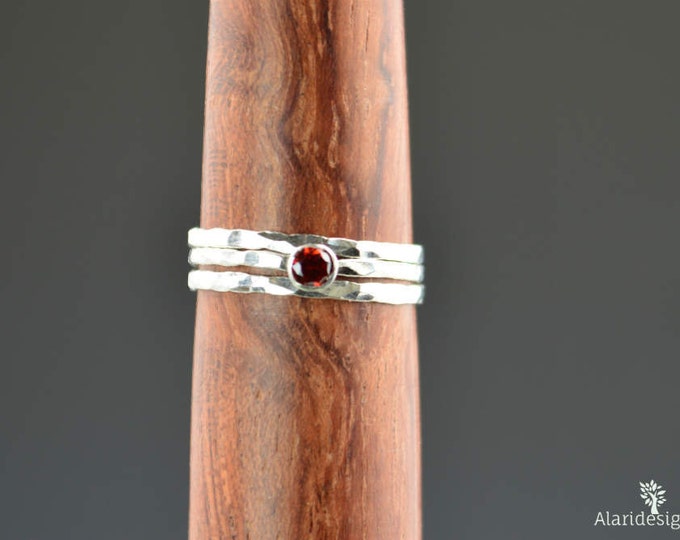 Dainty Garnet Ring, Hammered Silver, Stackable Rings, Mother's Ring, January Birthstone Ring, Skinny Ring, Garnet Ring, Sterling Silver