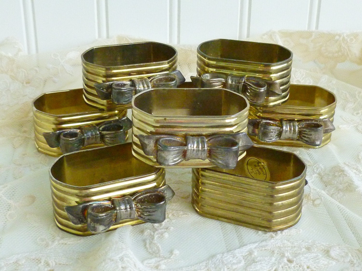Vintage Gold and Silver Napkin Rings/ Set of 8/ Silver Bows/