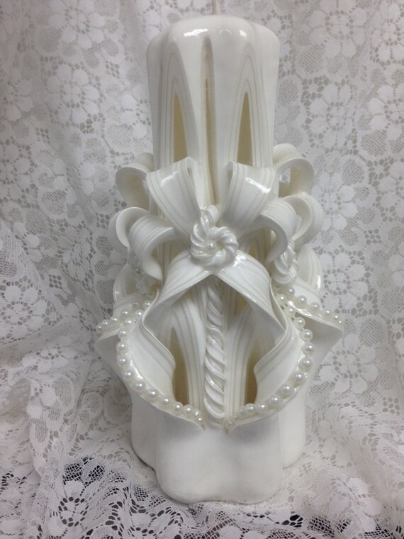 Unity Candle Hand Carved Ribbon Candle Wedding Candle Creamy