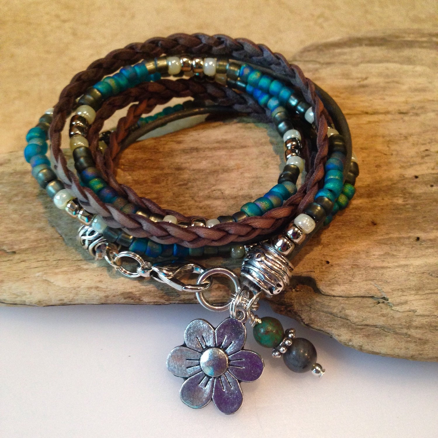 Beaded Wrap Bracelet Boho Wrap Bracelet Blue Cream Silver