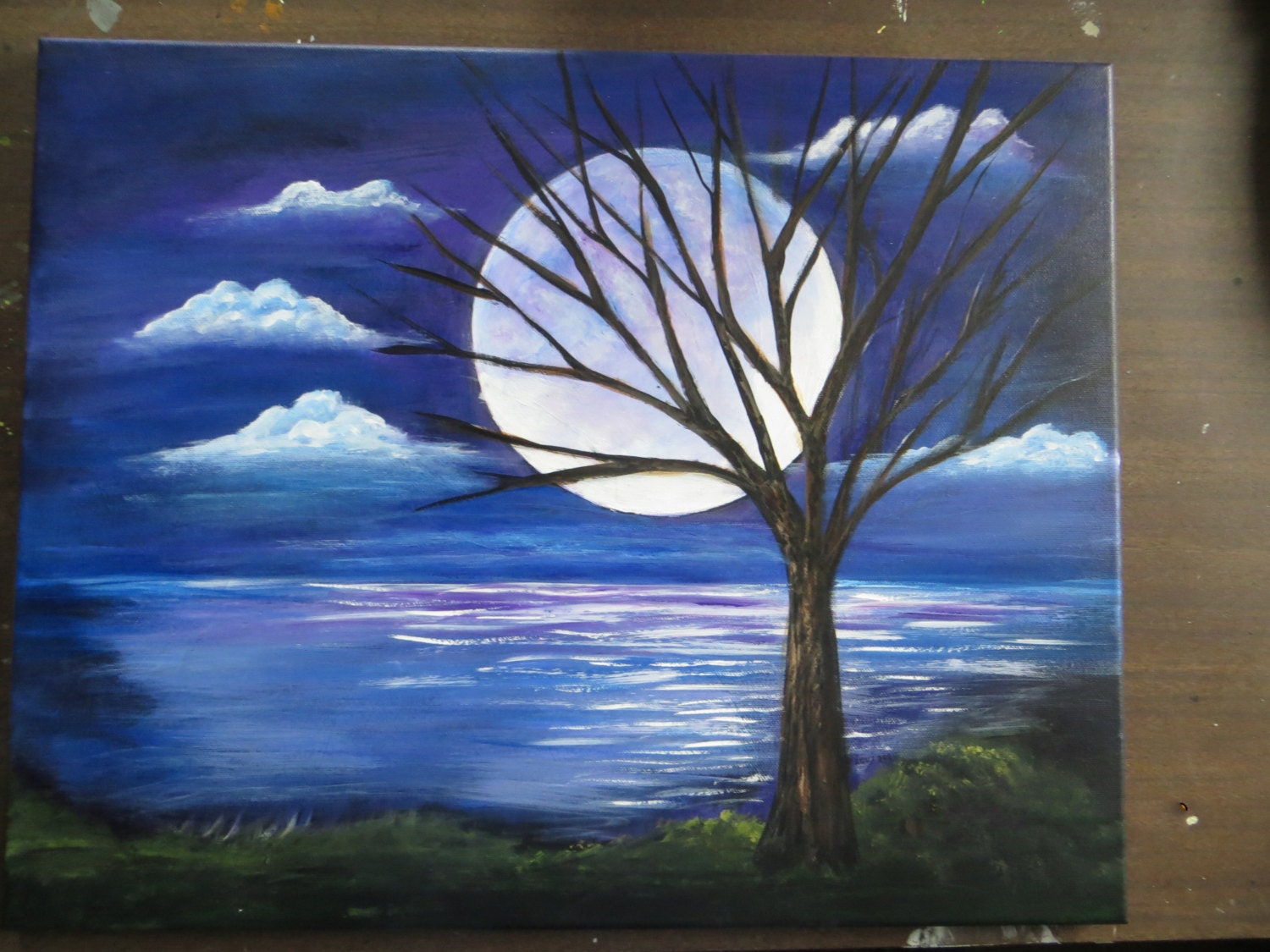 Moon Painting Full Moon Night Time Tree 16 x 20 by TreeTownArt