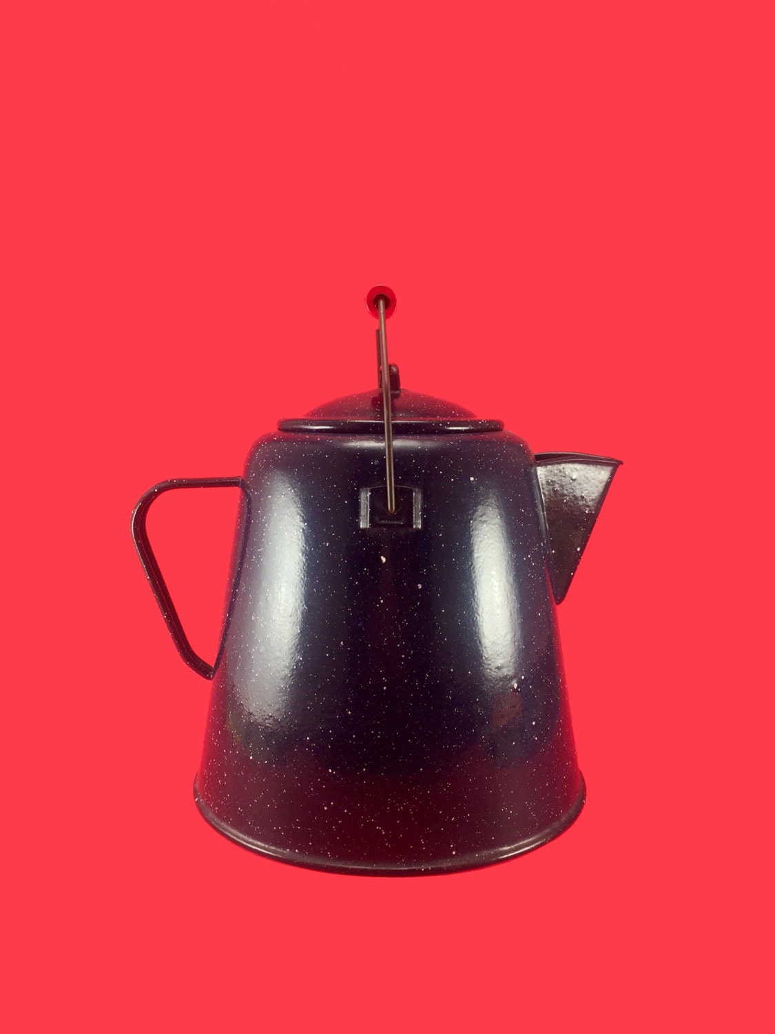 Vintage Wood Stove Porcelain Enamelware Kettle With Red Handle
