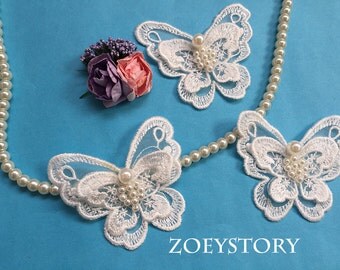 Beaded Butterlfy Lace Applique, Butterfly Applique, Organza Applique, Applique with Pearl, 3 pcs per set (JY037)
