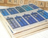 Dr. Who Coasters made with Tardis Fabric, Cork Coasters Embellished with Dr Who Fabric for Geek Gifts