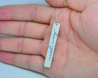 Sterling Silver Vertical Bar Necklace, Engraved Handwriting, Personalized Signature, Custom Name Tag Pendent, Christmas Gift
