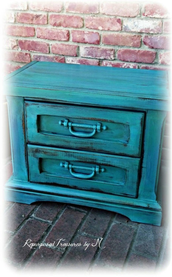 Vintage Nightstand turquoise 2 drwr dresser childrens