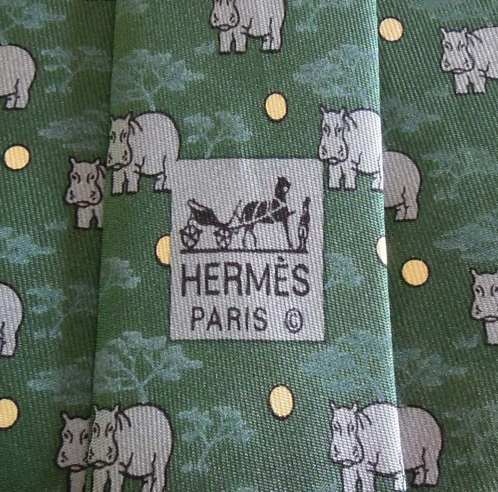 Hermes Tie Pure Twill Silk Hippo Tree & Moon Pattern On Green Vintage ...