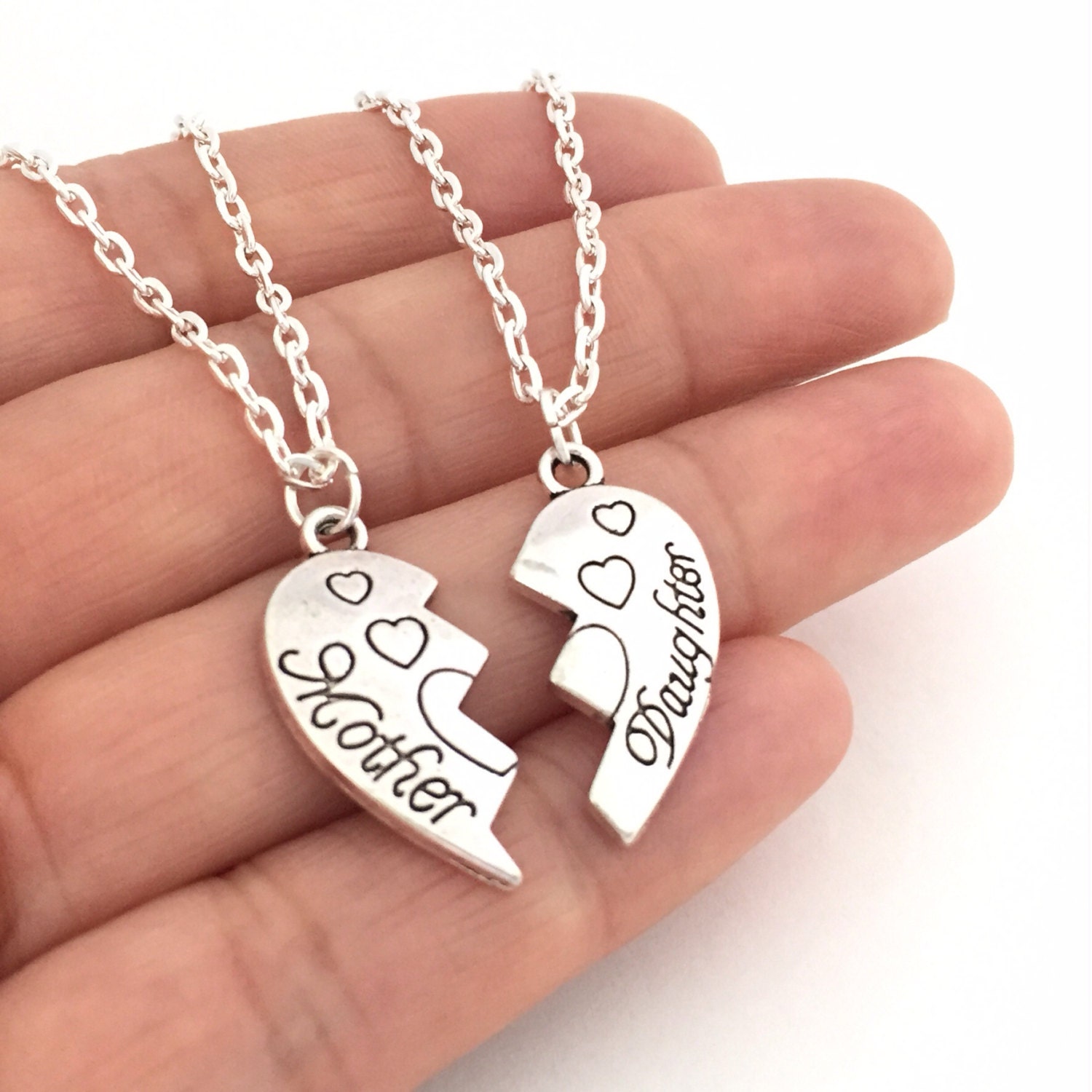 Mother Daughter Necklace Set Silver Heart Matching Necklaces