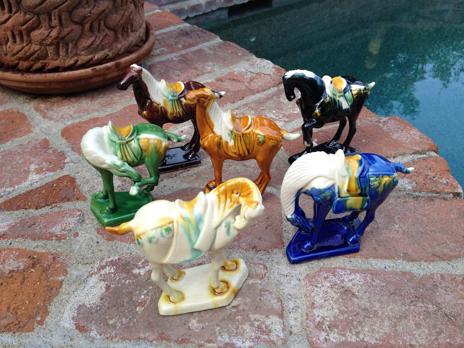Six Reproduction Tang Dynasty Drip Glaze Horse Figurines Set