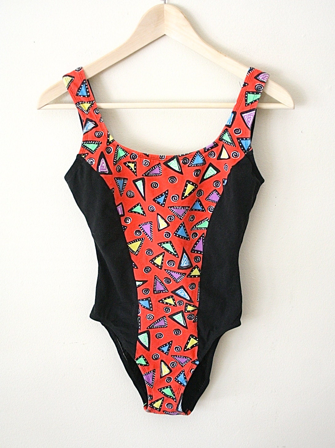 90s Leotard Bodysuit Cotton Swimsuit Abstract by DownHouseVintage