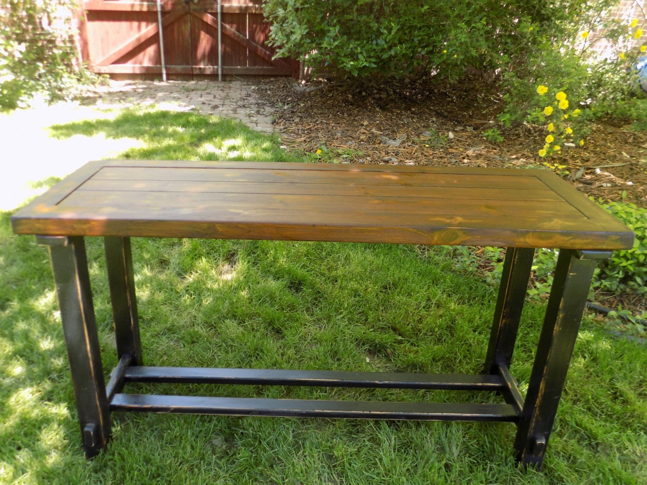 Refinished Wood Sofa Table Distressed Black with Walnut Stain Top