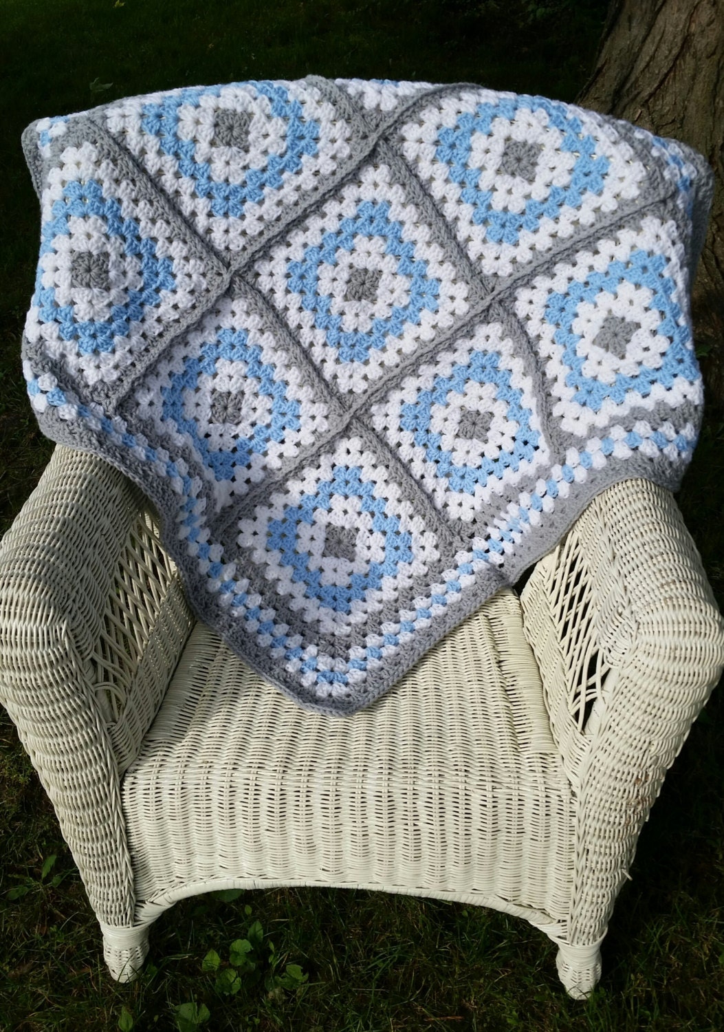 Blue and Grey Granny Square Baby Blanket Crochet Baby