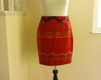 90s Tribal Print Linen Skirt, Red, Size L, Linda Allard Ellen Tracy Native American Inspired Clothing, Career Wear, Designer Skirt, Abstract