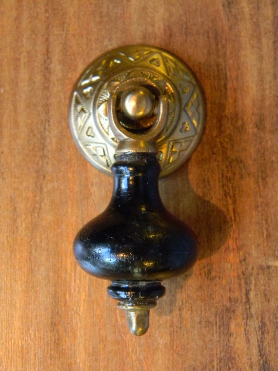 Victorian Era Teardrop Drawer Pull Brass and Dark Wood