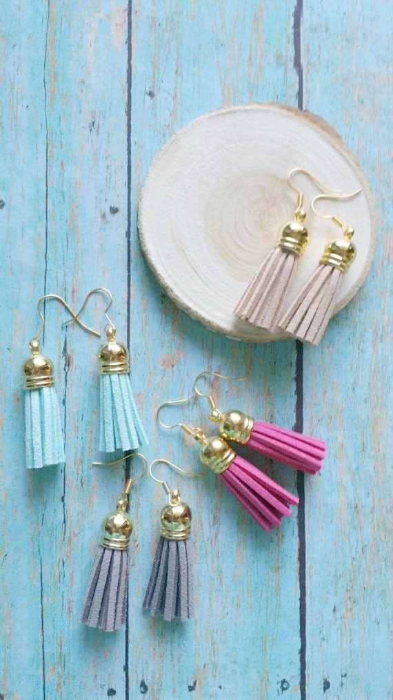 Tassel Drop Earrings / Neon Tassel Earrings / Suede Tassel Drops / Gold Cap Earrings /  Color Tassel Drops / Many Color Choices