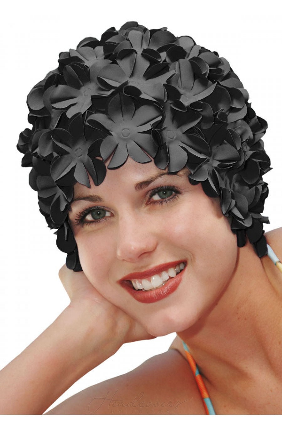 Vintage Style Flower Swim Cap Black Retro by HeadcoversUnlimited