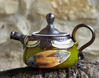 Pottery Teapot. Small Ceramic teapot. Handmade Tea Pot, Wheel Thrown Pottery teapot, Green teapot, Ceramic art, Bulgarian crafts