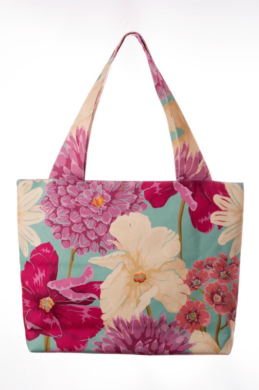 Floral tote Zip fabric handbag Floral handbag Light blue bag
