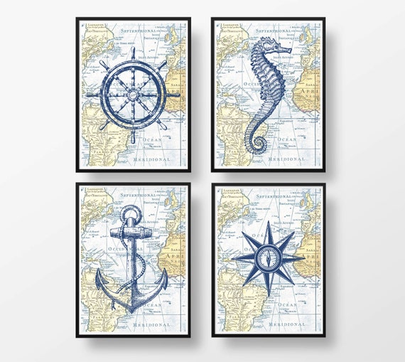 Poster Set of 4 Vintage Nautical Map by NoryGloryPrints on Etsy