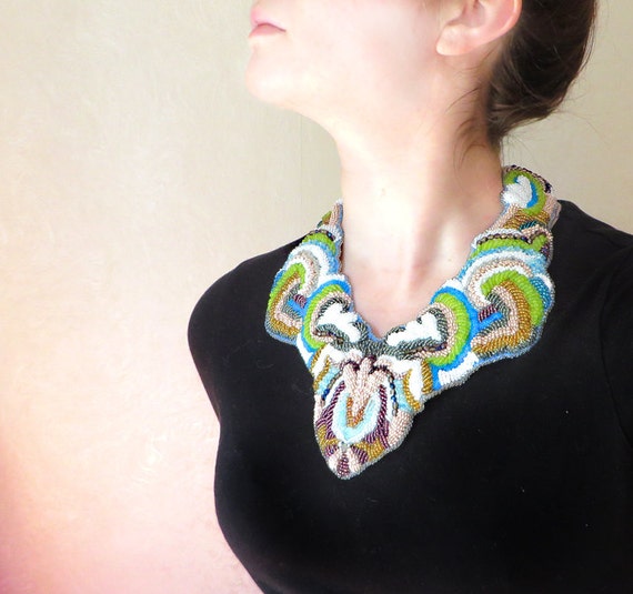 Tribal collar necklace Colorful bead embroidered by DianaDeluxe