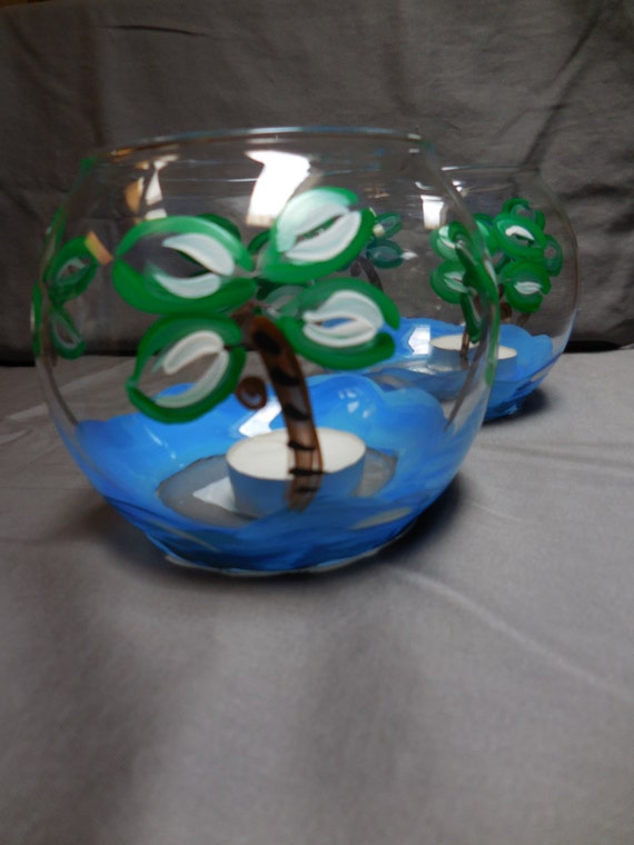 Tropical Palm Tree Candle holder by PaintedbyJen on Etsy