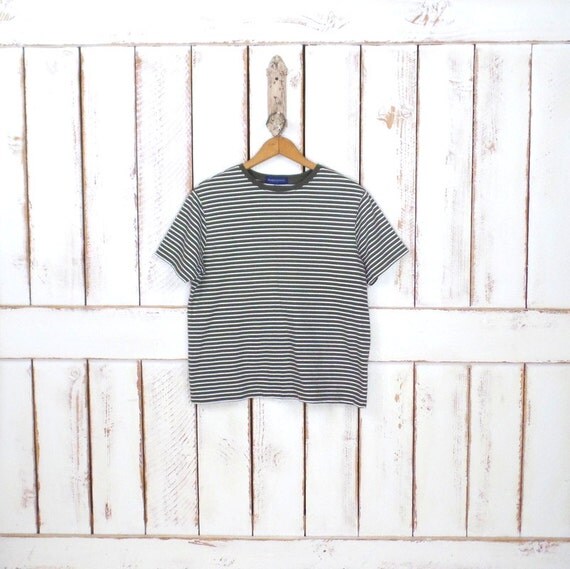 90s olive/army green/white striped short sleeve pullover