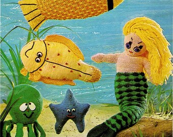 Instant Download PDF Vintage Knitting Pattern 70's to make A Pretty Mermaid, Seahorse,Crab,Octopus,Fish Stuffed Plush Soft Body Toys