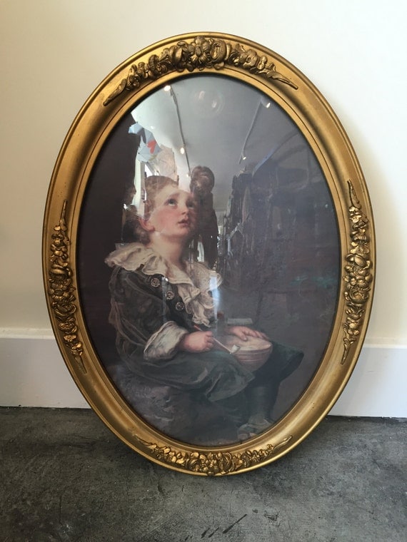 Antique Convex Glass Oval Frame & Print bubble glass with