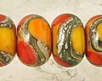 Apricot Orange Handmade Glass Lampwork Beads Set of 6 with Red Lipstick and Ivory Web Accents Small 11x7mm Warm Fire