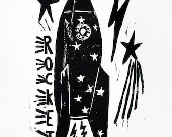 rocket - 9"x12" linoleum block print - wall art