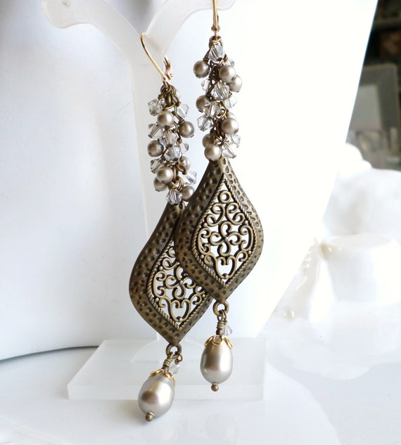 ON SALE Antique Brass Chandelier Earrings With by hhjewelrydesigns