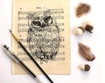 Scops Owl Gocco Print on Vintage Music