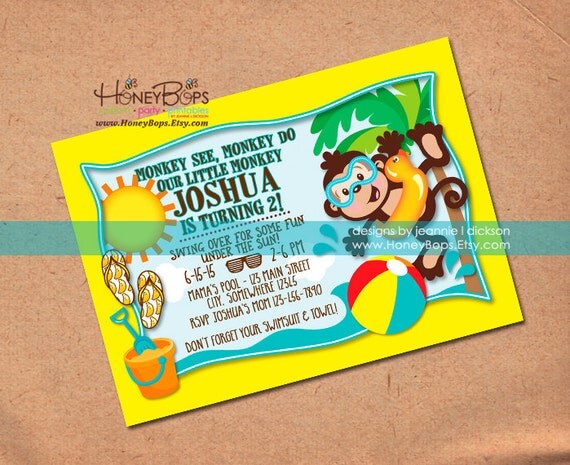 Beach Summer Monkey Invitation Birthday Baby Shower Boy or Girl - Personalized Digital File Only Il_570xn