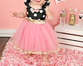 Pink and Gold birthday dress MINNIE MOUSE costume dress TUTU Party Dress pink and gold Polka Dots dress Birthday party rose quartz dress