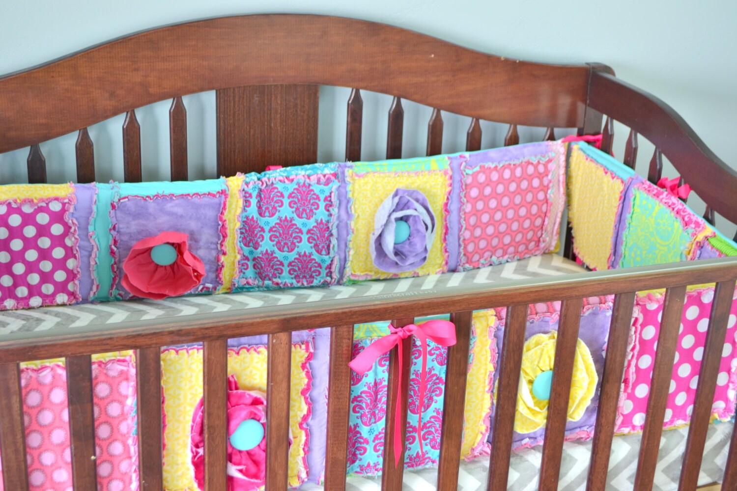 Custom Crib Bumpers Hot Pink Bumper Pads Yellow Rag Quilt