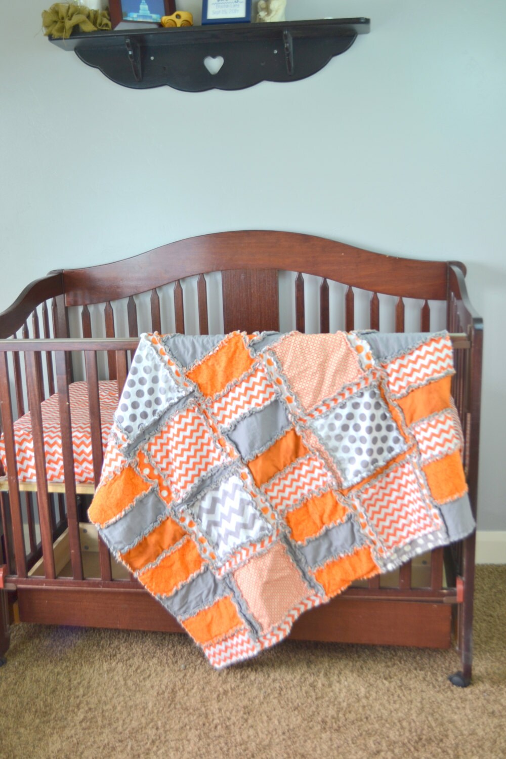 Crib Bedding for Baby Boy Orange and Gray by avisiontoremember