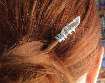 Crystal Hair Stick -Staff Gemstone Celtic Medieval Hair Pin- Aluminum Wire Wrap Aurora Stone- Fairy Gem Silver Hammered Pin Bun Holder Acces
