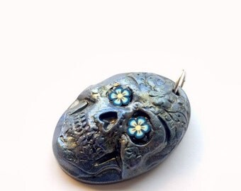 Black and Blue Metallic Sugar Skull Day of the Dead Pendant