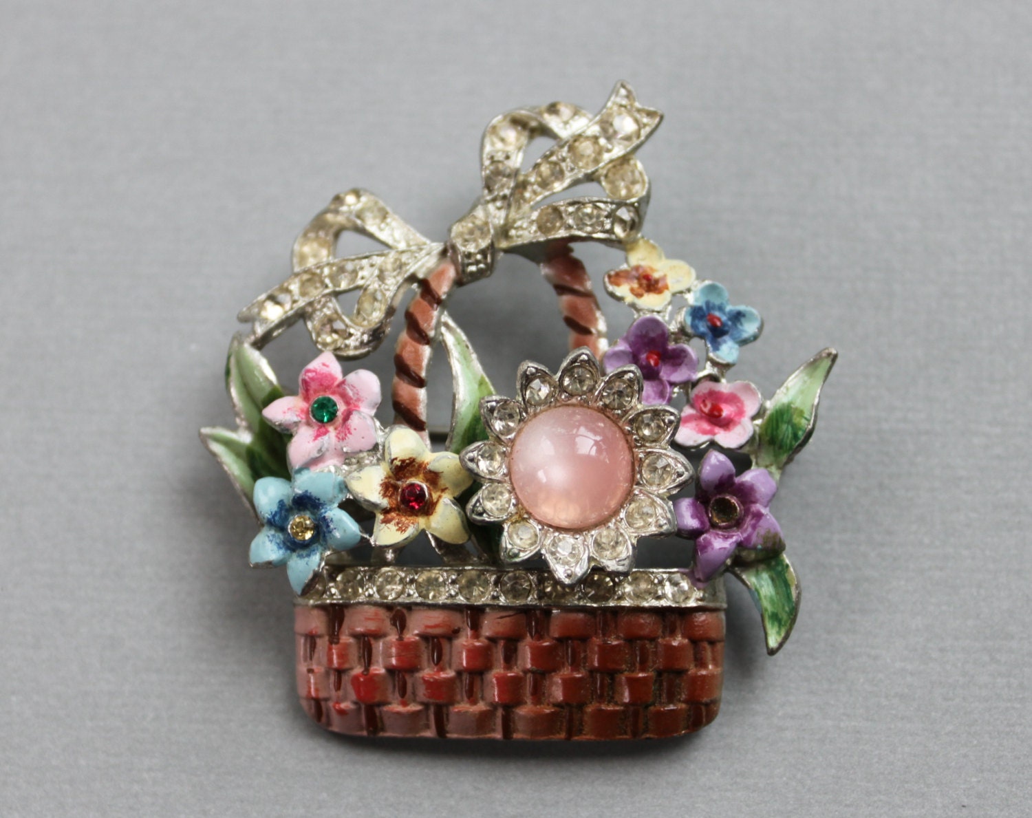 1942 CORO Flower Basket Brooch / Adolph Katz / Enamel Moonglow