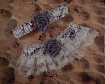 Snow Camo Camouflage Double Layers White Lace Gray Shabby Chic Flower Bridal Wedding Garter Set Toss