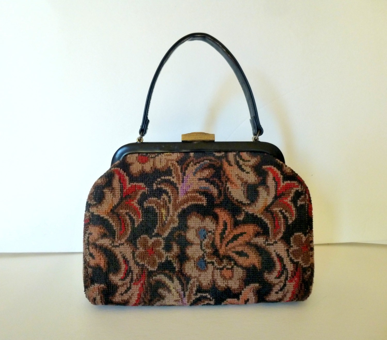 Vintage Tapestry Purse 50s Carpet Bag 50s Black Handbag