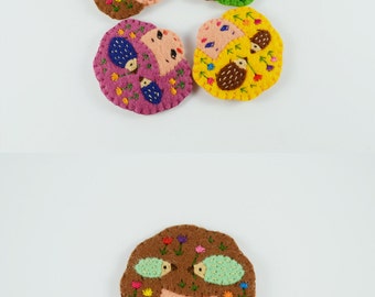 44% SALE Fantasia Cookie Girl Head Felt Brooch / Whimsical Hedgehog Romance Felt Brooch / Tiny Hedgehogs Brooch / Girl Head Pin
