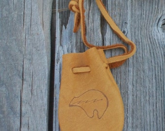 Tribal medicine bag with heartline bear totem , Leather amulet bag , Talisman bag