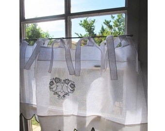 Bathroom Valance, White Linen Window Topper, Love Birds Curtain, White French Cantonniere, Black Embroidery, Tie Top Cafe Curtain