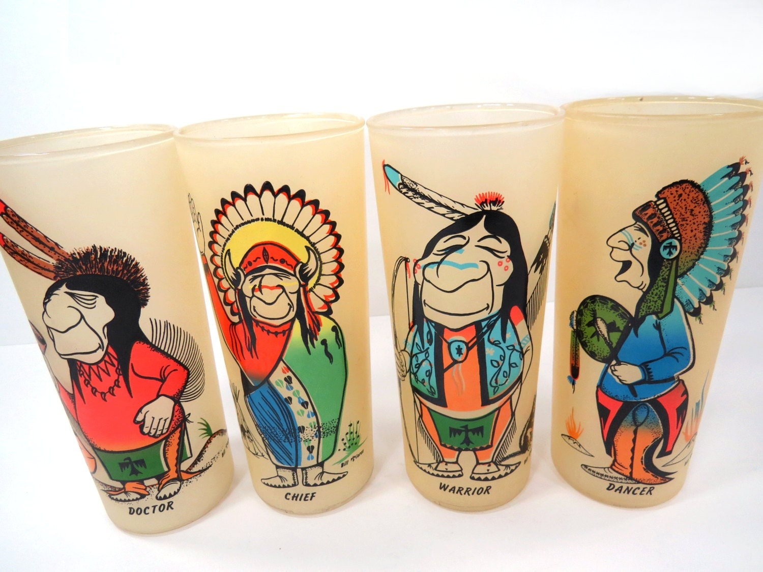 4 Indian Native American Frosted Glasses by Bill Flores