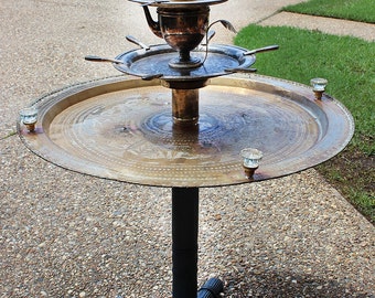 Repurposed Upcycled Recycled Bird Feeder Water Fountain Party Patio Porch Party Tray Bird Cafe Table Pedestal Tier Vintage Found Items