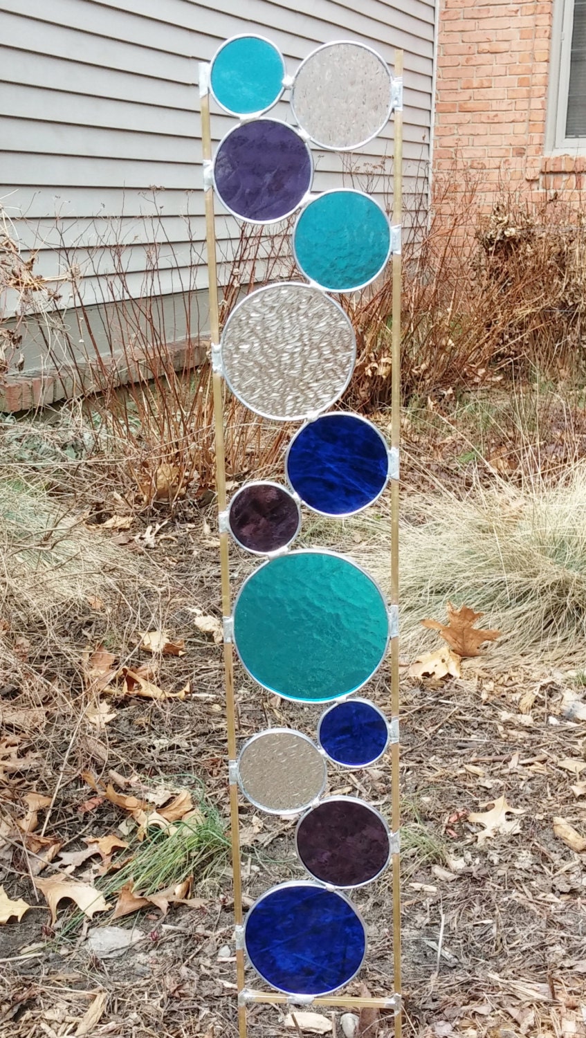 Stained glass garden art stake aqua blue purple outdoor yard