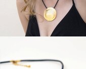 24k gold plated Pewter pendant, black string necklace