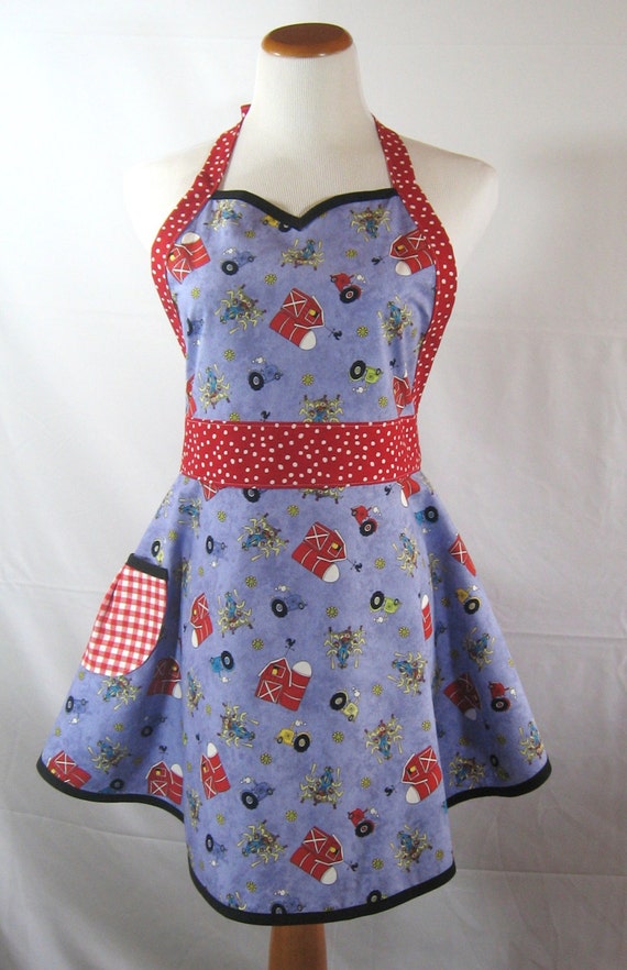 Farm Scene Sweetheart Apron with Red Polka Dots, Red Gingham, Black ...