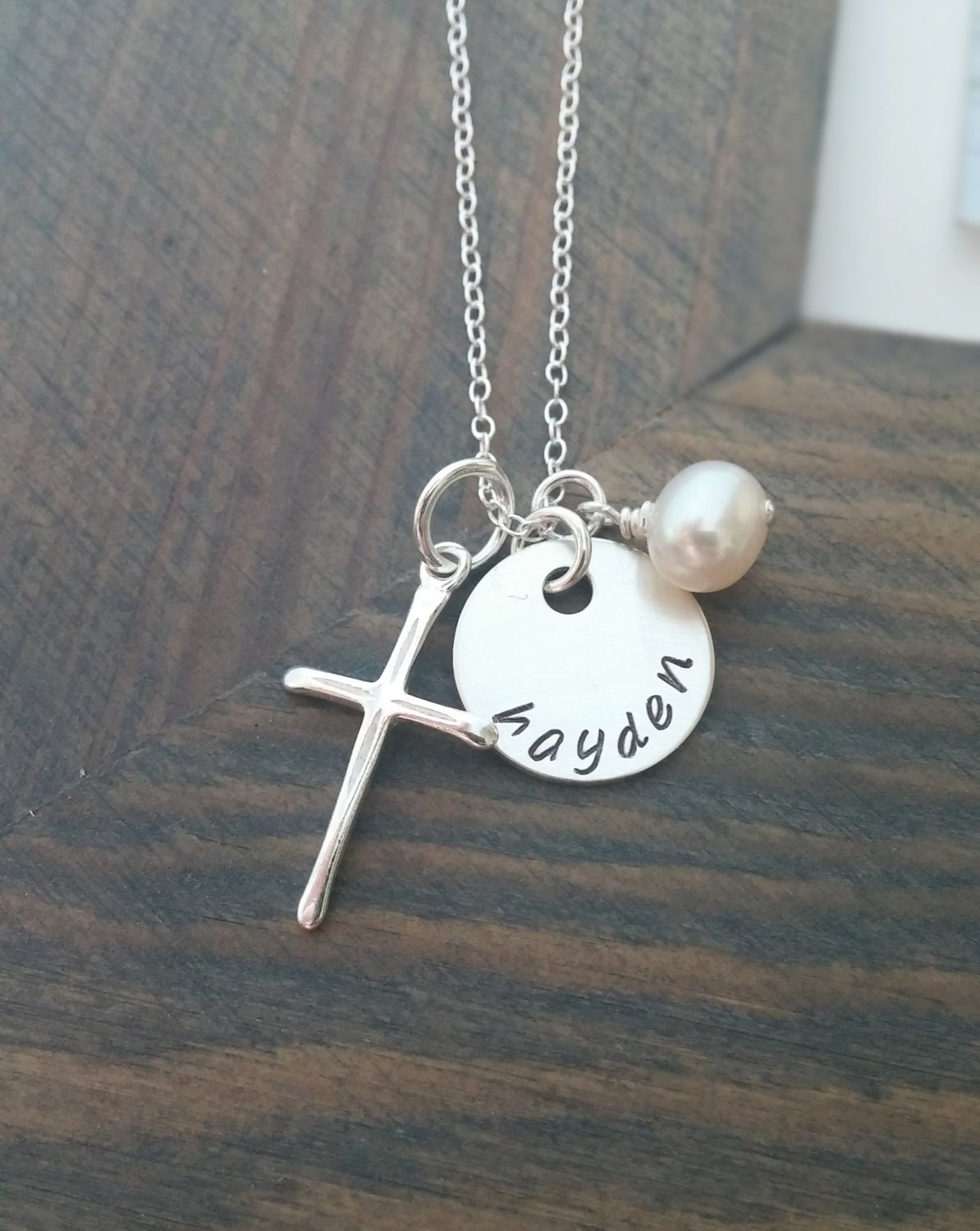 Personalized Sterling Silver Cross Necklace with Hand Stamped